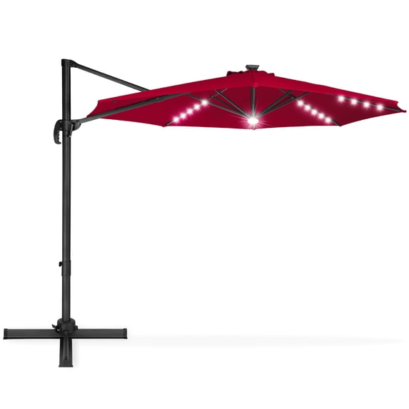 Best Choice Products 10ft 360-Degree LED Cantilever Offset Hanging Market Patio Umbrella w/ Easy Tilt - Burgundy