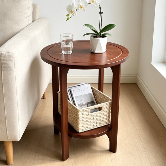 NOVOYOW Solid Wood 2-Tier Small Round Side Table for Living Room, Bedroom