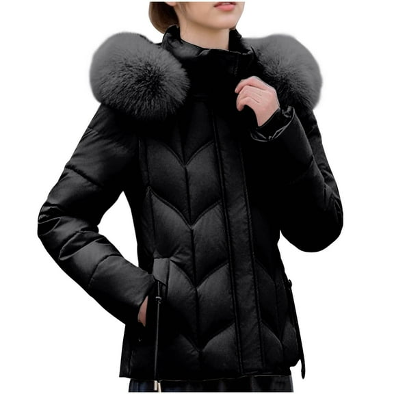 hoksml Down Jacket Women Winter Hooded Zip Coat Solid Color Long-sleeved Puffer Jacket with Detachable Hood Pockets