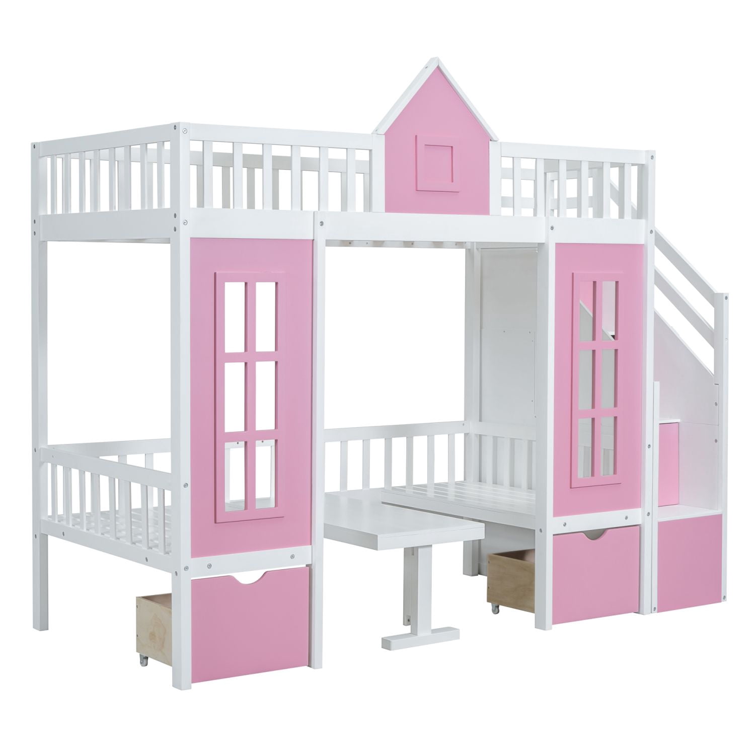 Twin-Over-Twin Bunk Bed with Changeable Table, Convertible Wood Bunk Bed with Desk, Space-Saving Bedroom Furniture for Kids