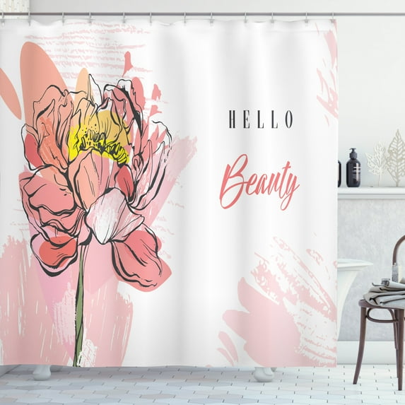 Ambesonne Saying Shower Curtain, Hello Beauty Peony Blossom, 69"Wx75"L, Multicolor