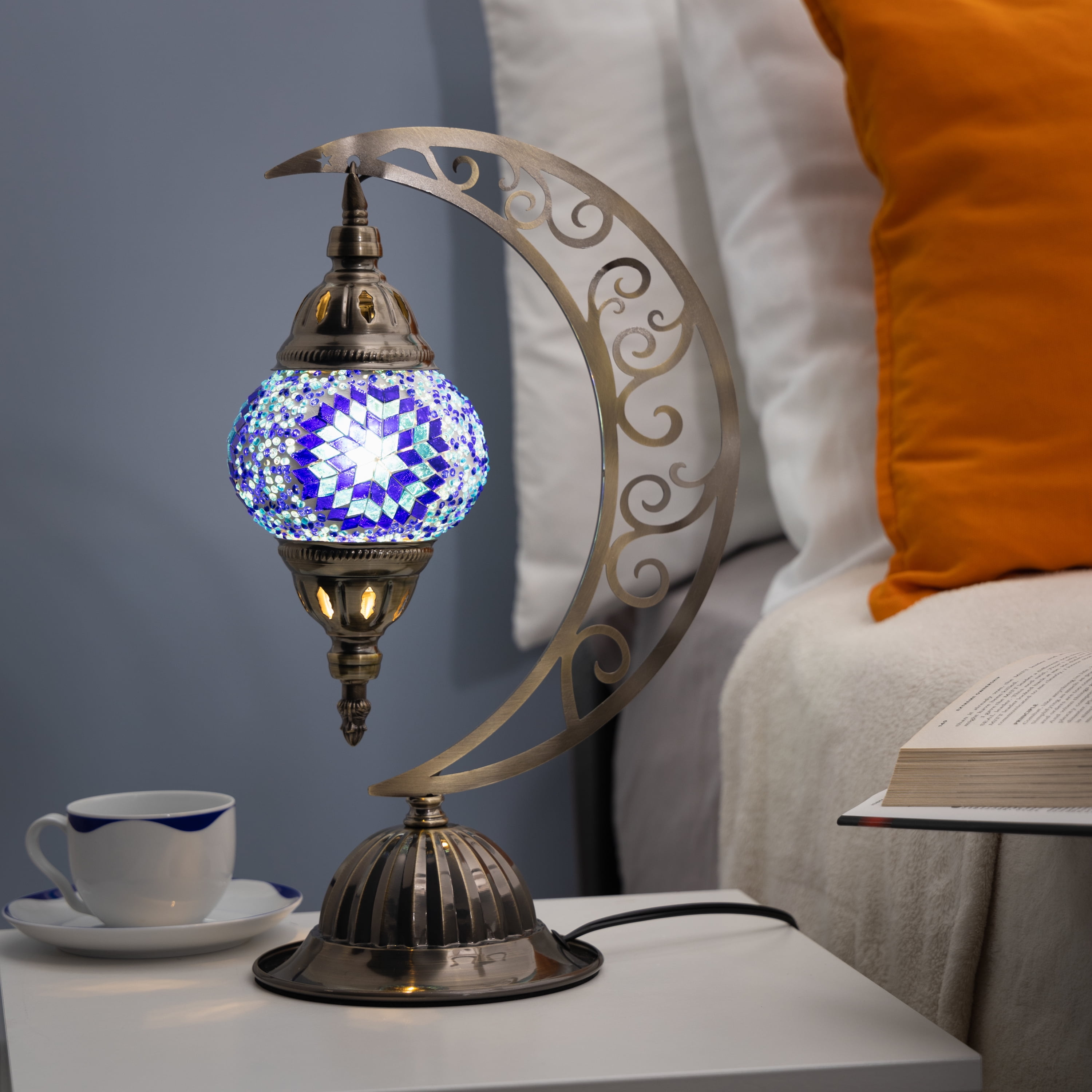 Turkish Mosaic Moon Lamp Making Kit | DIY Colorful Glass Decorative Table Desk Light | Craft Kit For Adults | Make Your Own Lamp | Living Room Bedroom | Mosaic Pieces, Beads, US-Plug (Blue)