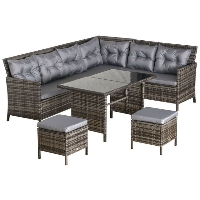 6pcs Outdoor Rattan Sofa Set Garden Wicker Sectional Couch Furniture Set with Dining Table and Chair Dark Grey