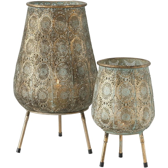 Potbelly Candle Lanterns, Set of 2, Moroccan, Metal Daisy Lattice Work, Hurricane for Votives and Tea Lights, Distressed Gold, Rustic Patina, Iron, 18.5 and 11.75 Inches Tall