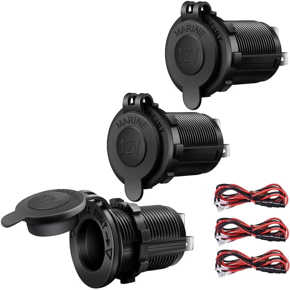 3 Pack Cigarette Lighter Socket Universal Waterproof 12V/24V DC Flush Mount Power Outlet Receptacle with Wire Fuse DIY Kit for Car Truck Bus Marine ATV Boat Motorcycle RV
