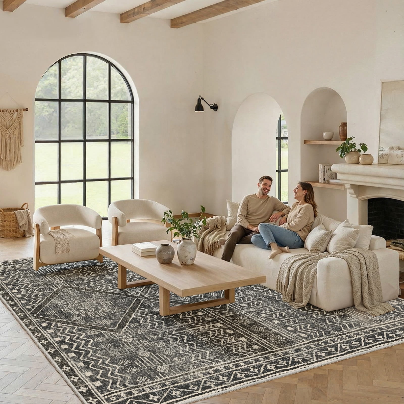 CHITOOMA 8'x10' Area Rugs for Living Room, Washable Boho Moroccan Rug Soft Vintage Distressed Geometric Tribal Area Rug for Bedroom Dining Room Office with Non-Slip Backing, Stain Resistant Non-Shed