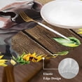 thumbnail image 3 of Farmhouse Cow Round Tablecloth, Fitted Table Cover with Elastic for 55"-60" Round Tables, Pastoral Sunflower Botanical Brown Wooden Table Cloth Outdoor Indoor Dinning Party Waterproof Tablecloths, 3 of 7