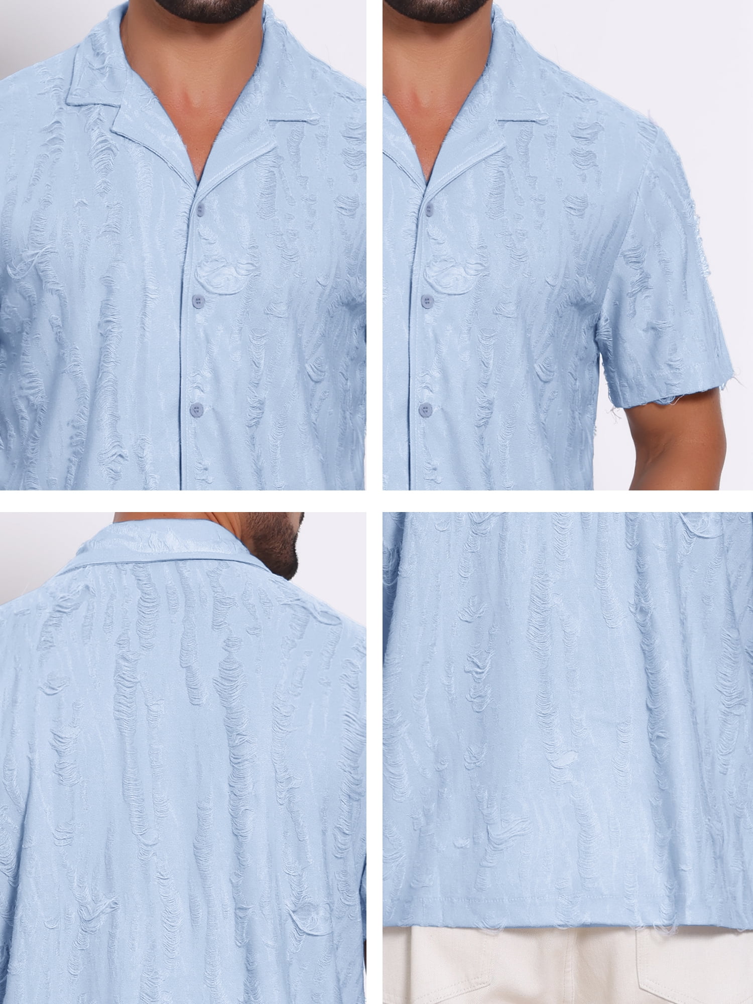 DARING DIVA Men's Camp Collar Button Down Short Sleeve Distressed Ripped Shirts XL Blue