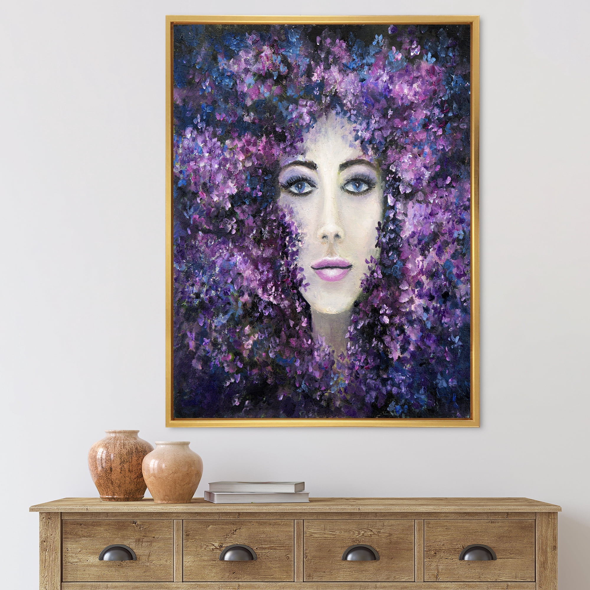 Portrait of A Lady With Purple Lavender Flowers 12 in x 20 in Framed Painting Canvas Art Print, by Designart