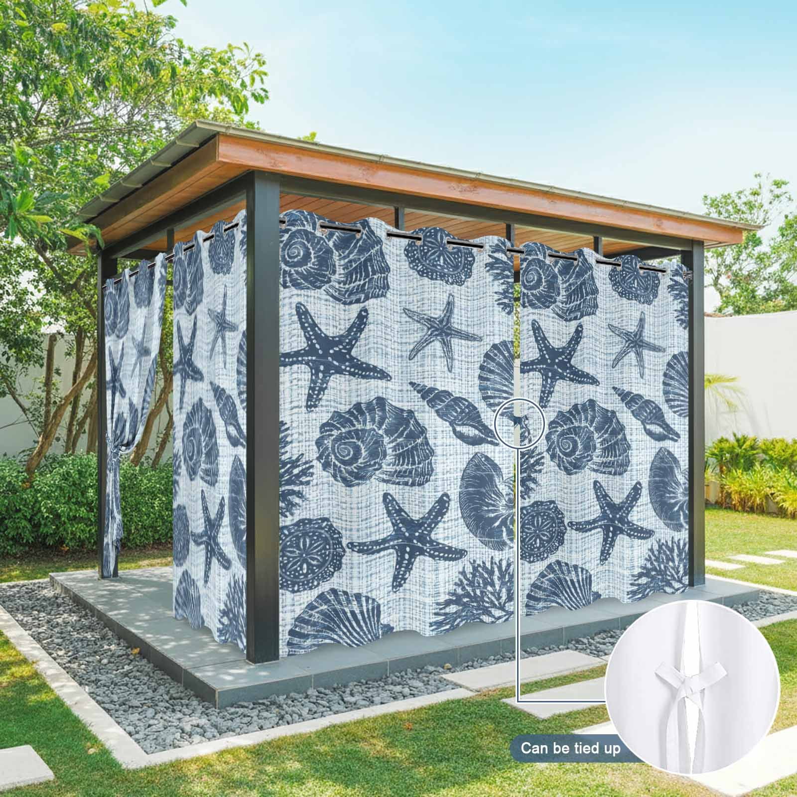Marine Life Outdoor Curtains for Patio, Navy Starfish Conch Coral Linen Texture Ocean Sunshade Privacy Drapes Grommet Waterproof Outside Curtains for Porch/Cabana/Balcony 54"x 108", 1 Panel