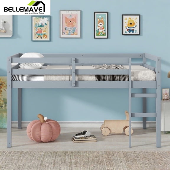 Bellemave Twin Low Loft Bed with Storage, Wooden Kids Loft Bed with Ladder, Safety Guardrails for Teens, Grey