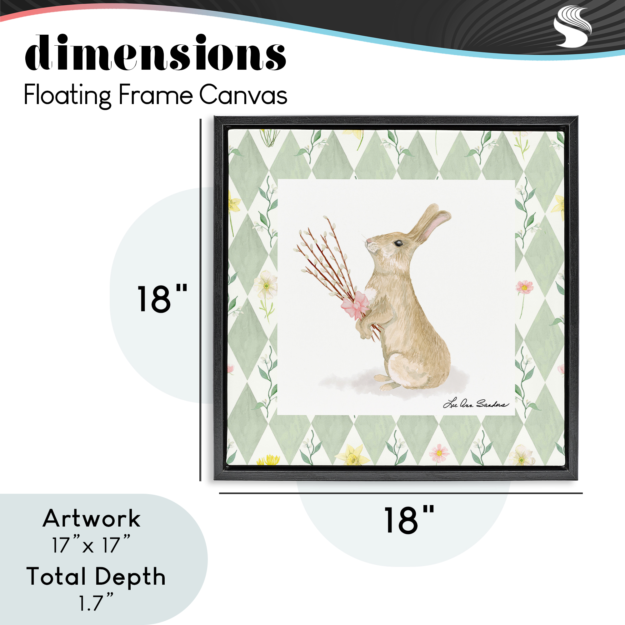 Bouquet Bunny on Green Argyle Black Framed Floater Canvas Wall Art, design by Lee Ann Sanders