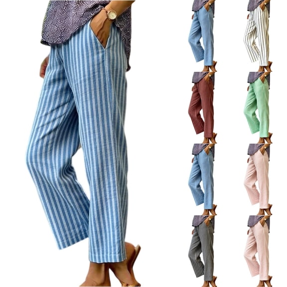Inglocry Womens Faux Linen Striped Barrel Pants Comfy Drawstring Capri Pant with Pockets Summer Beach Vacation Lounge Trousers White XL