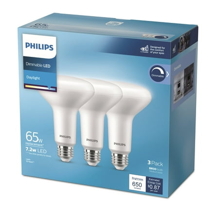 Philips LED 65-Watt BR30 Light Bulb, Frosted Daylight, Dimmable, E26 Base (3-Pack)