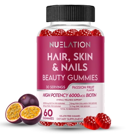 Hair Skin and Nails Gummies with Biotin (6000mcg), Collagen & PABA - Hair, Skin, and Nails Vitamins for Women and Men - Supports Hair Growth, Stronger Nails, Healthy Skin - 30 Servings