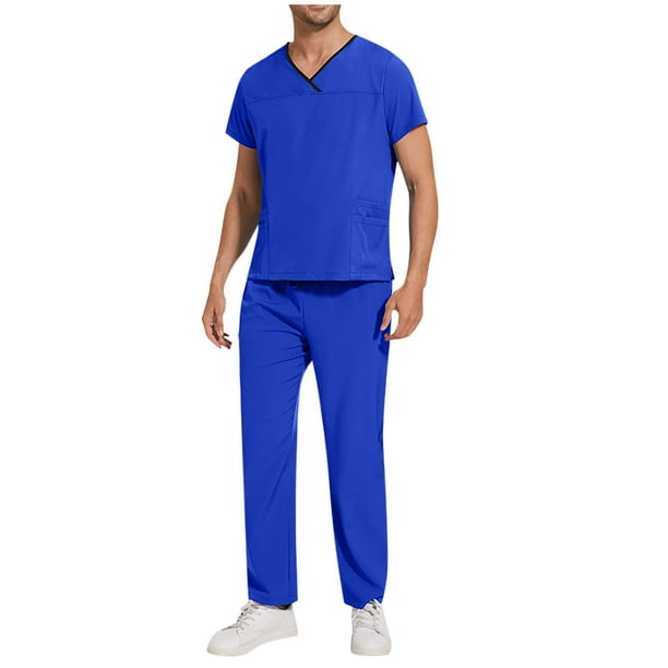Penkiiy Scrubs Set para hombres, Classic V-Neck Stretch Top& Pantalones rectos Yoga Waistband M Azul