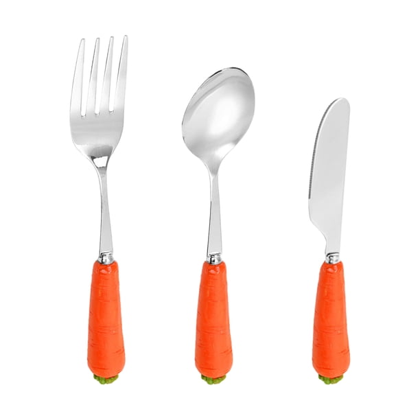 1 juego / 3 piezas Kit de vajilla de acero inoxidable Cuchara de tenedor cortador para niños lindo (naranja)