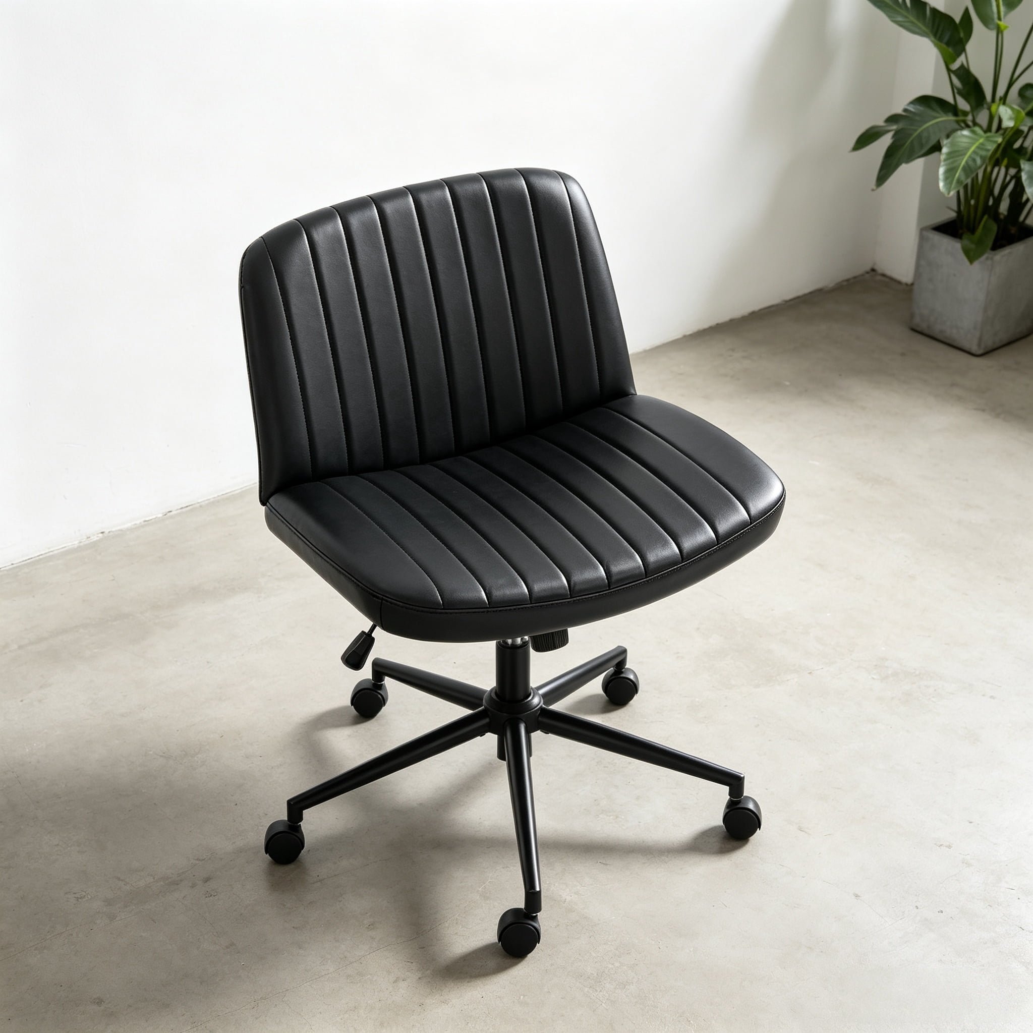 Office Desk and Vanity Chair, Armless Cross-Legged Swivel Task Chair with Wide Fabric Seat, Height Adjustment, and Replaceable Wheels or Fixed Base