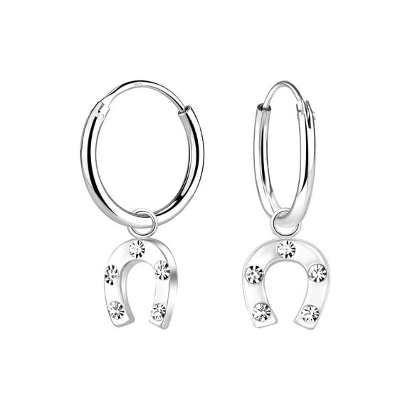 925 Sterling Silver Crystals Horseshoe Charm Hoop Earrings