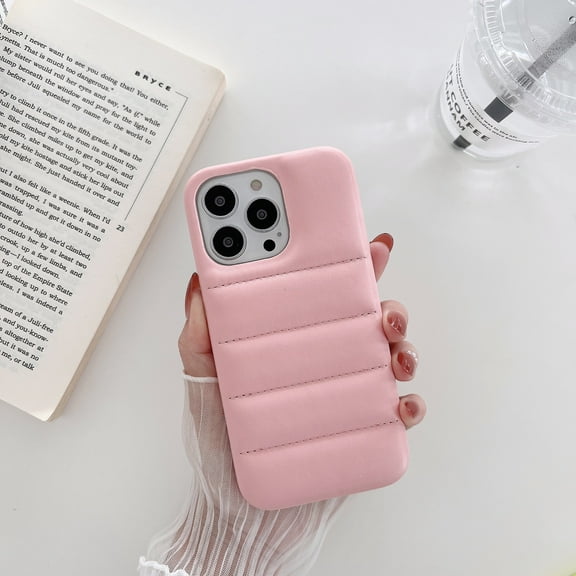 for iPhone 14 Pro Slim Case, Stylish Solid Color PU Leather Puffer 3D Down Jacket Case for Women Men, Lightweight Shockproof Anti-Scratch Non-Slip Rugged Case for iPhone 14 Pro, Pink