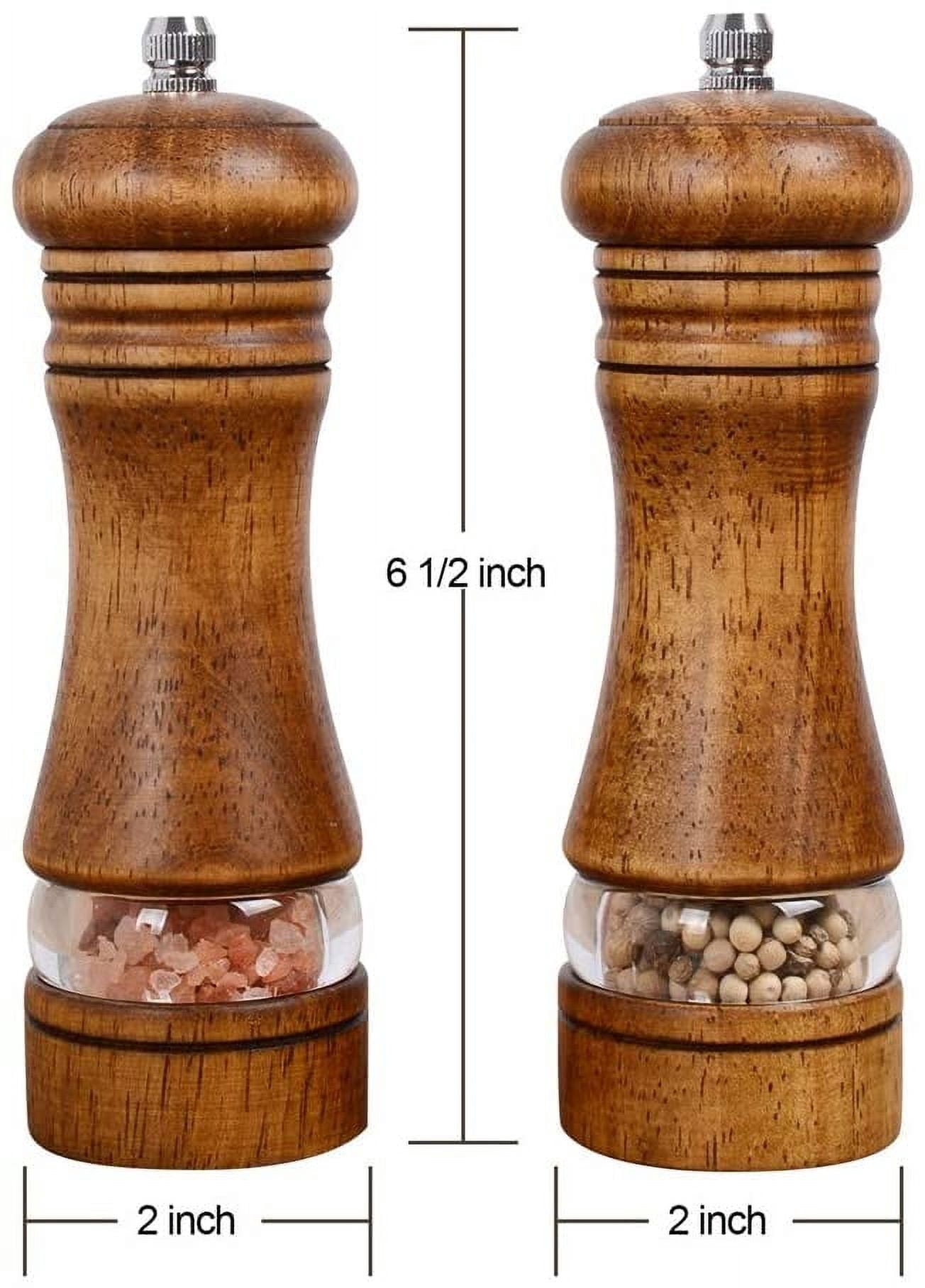 Pepper Grinder,Wood Salt and Pepper Grinder Mills Sets, Classic Manual Salt Grinder Refillable Pepper Mill Sets with Acrylic Visible Window Adjustable Ceramic Grinding Rotor 6.5inch 2 Pack