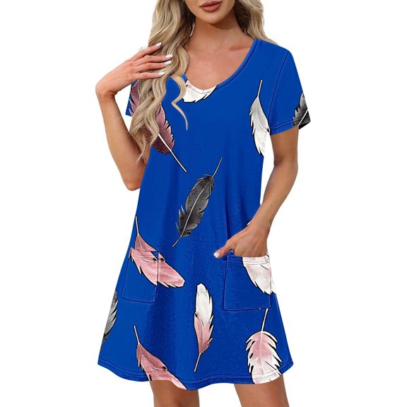 Cmfcve Women's Summer T-Shirt Dress Printed Loose A-line Dress Short Sleeve V-Neck Midi Dress with Pockets