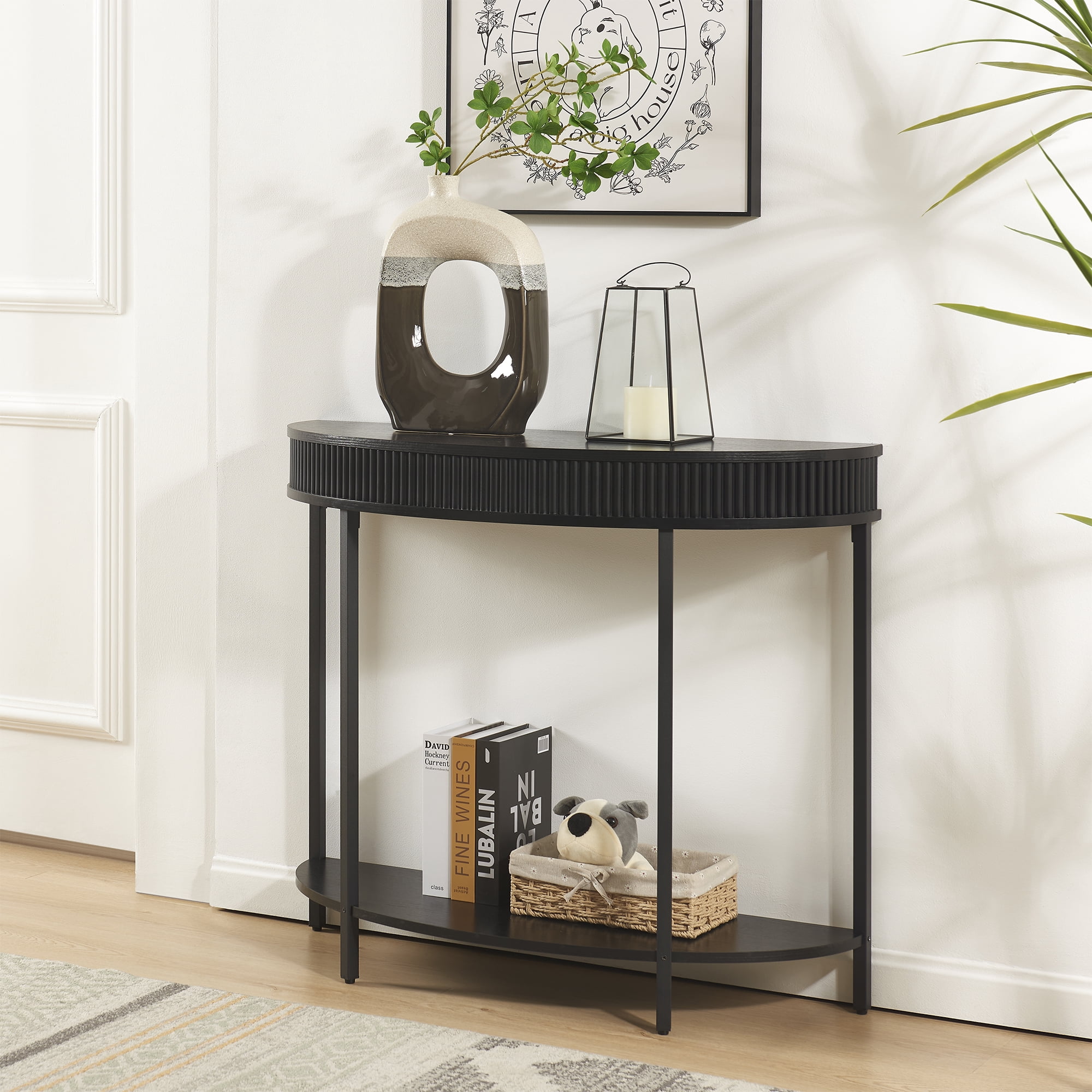 Rosary Blenn Fluted Half Moon Console Table, Modern 2-Tier Black Entryway Console with Storage