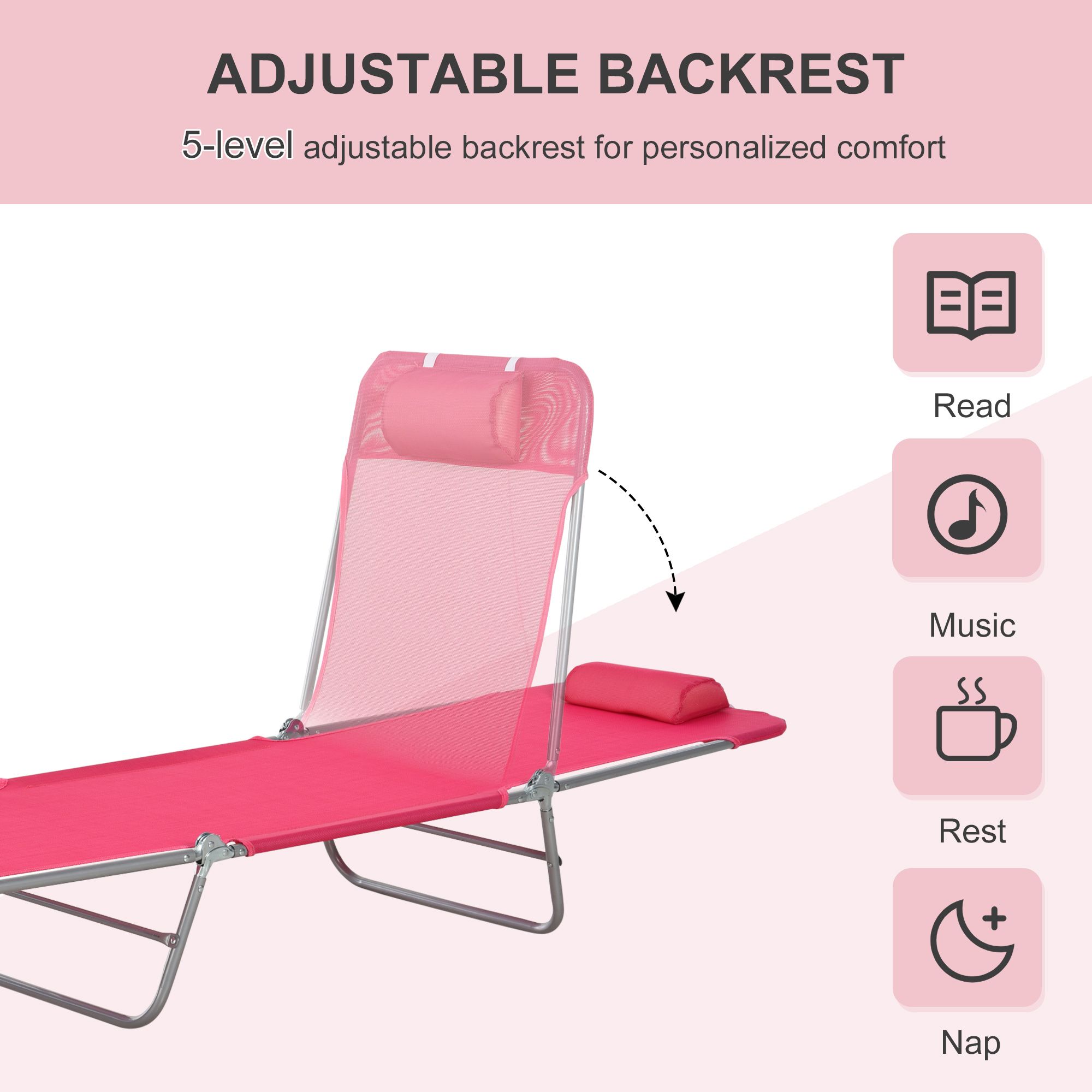 4-Position Adjustable Foldable Mesh Chaise Lounge with Pillow, Powder Coated Steel Outdoor Reclining Lounge Chair Supports 264 LBS for Poolside Beach Patio