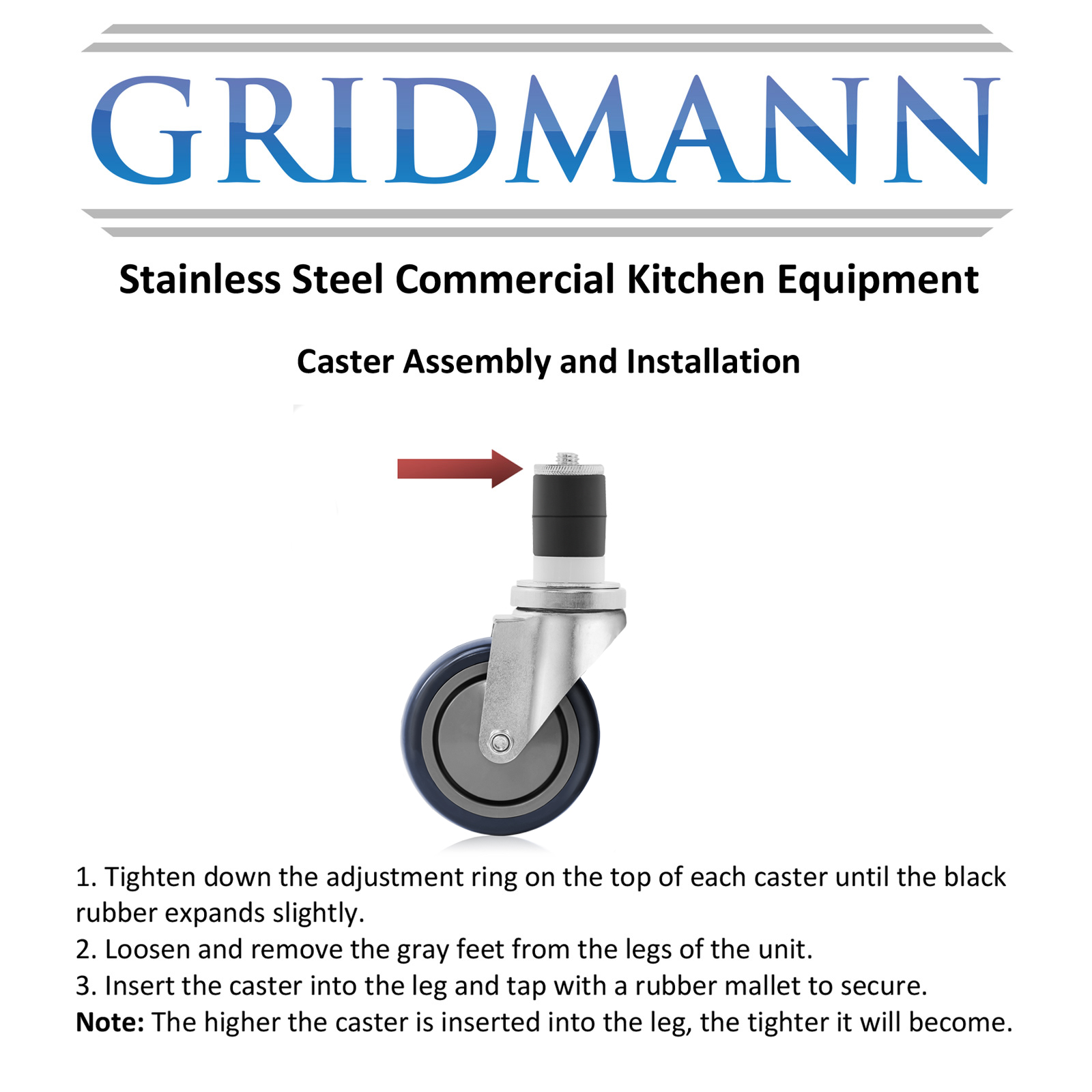 Gridmann 4 Inch Caster Wheel Set For Kitchen Prep Tables | 2 With Brakes, 2 Without | 300 Lb Capacity Each | Fits 1.5" Legs