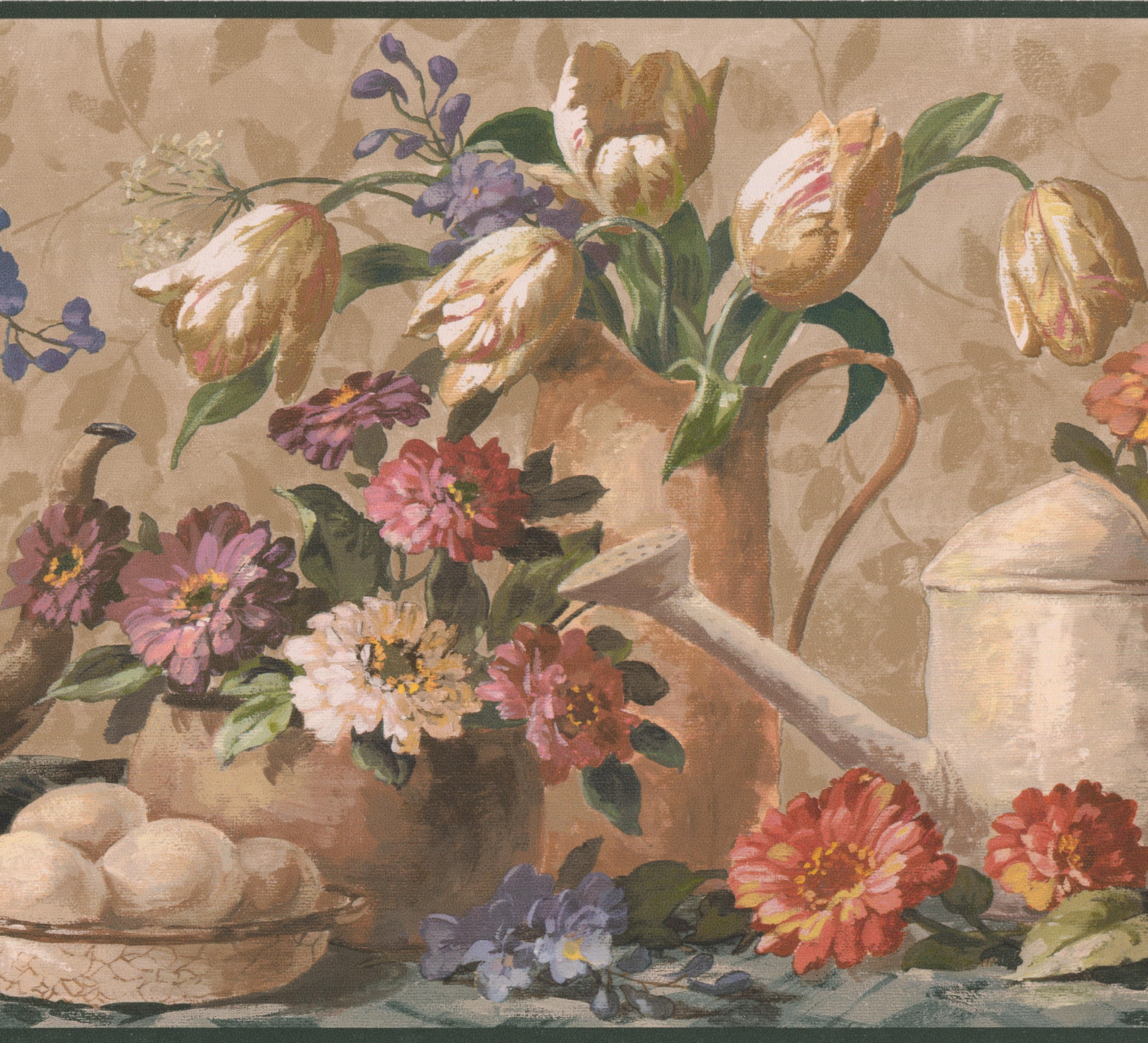 Wallpaper Border - Flowers in Pots Vases Brown Extra Wide Wall Border