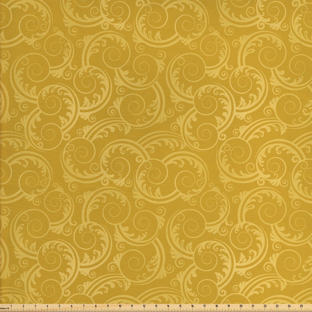 Yellow Damask Fabric by The Yard, Silhouette Swirls and Leaves
