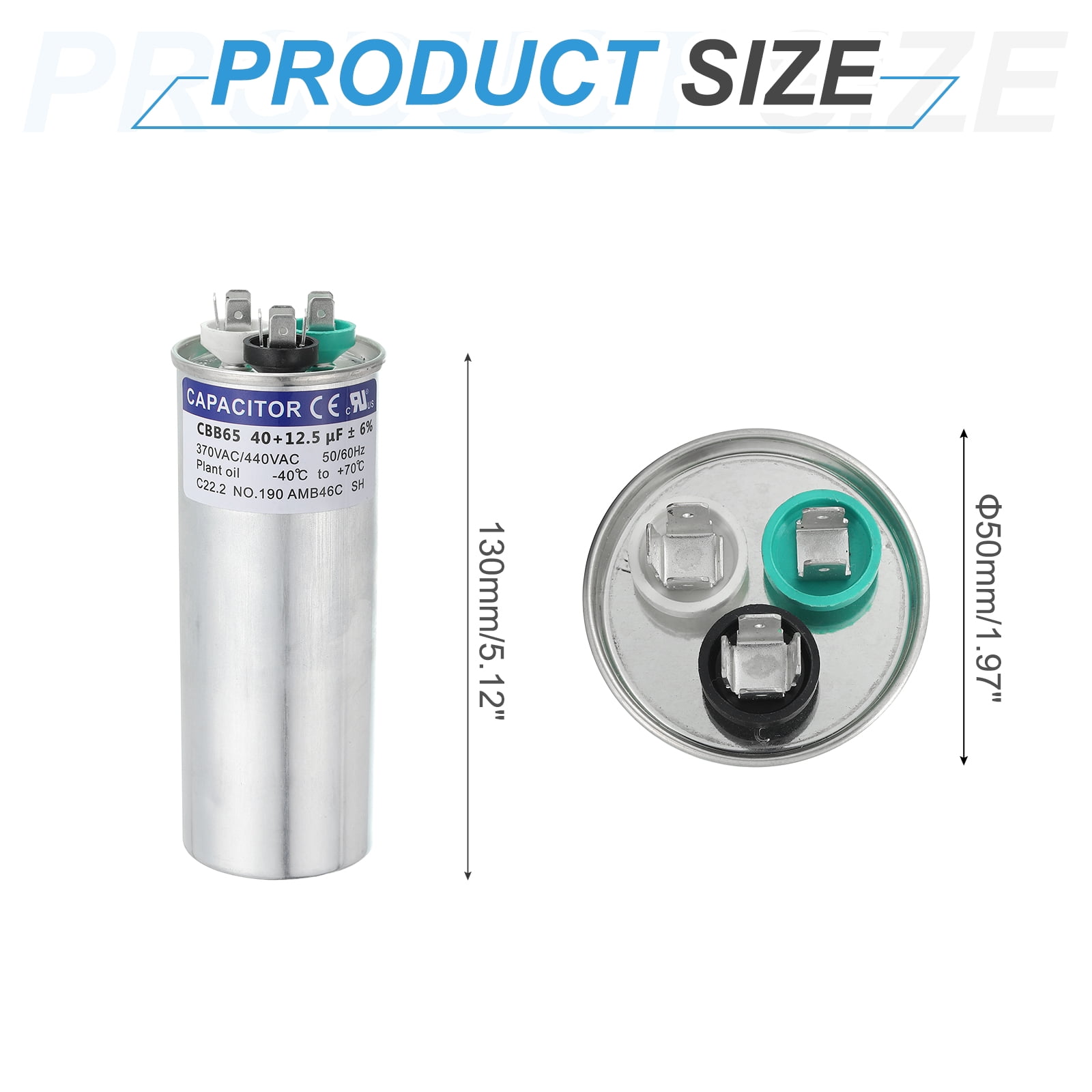 Uxcell CBB65 Capacitor, 40+12.5uF 370-440 VAC 50/60Hz Aluminium CBB65 Air Conditioner Motor Starting Round Capacitor for HVAC Systems, Air Conditioner, Heat Pump
