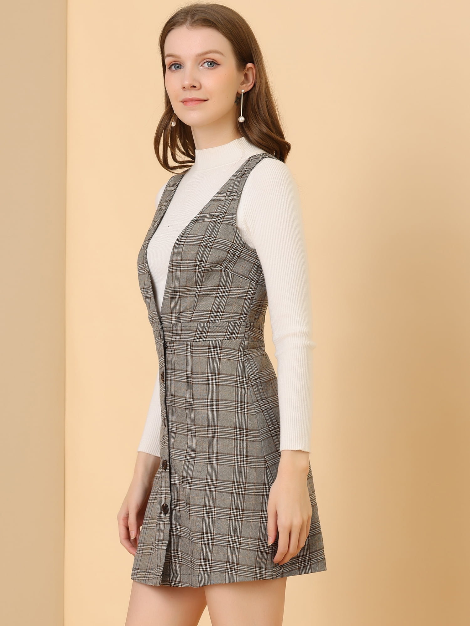 DARING DIVA Houndstooth Plaid Suspenders Pinafore Overall Dress S Brown Black