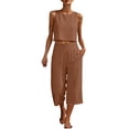 thumbnail image 3 of CYYOLLPF Linen Sets for Women Gauze Loungewear Sets Linen Sets for Women Boho Peasant Shirt 3/4 Sleeve Top gauze set linen pants set Embroidered Shirt summer office outfits for women Brown XL, 3 of 9
