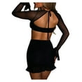 thumbnail image 3 of Gureui Women's Sexy 2Pcs Outfit Backless Long Sleeve Sheer Mesh Crop Tops and Bodycon Ruched Mini Ruffle Skirt Set, 3 of 7