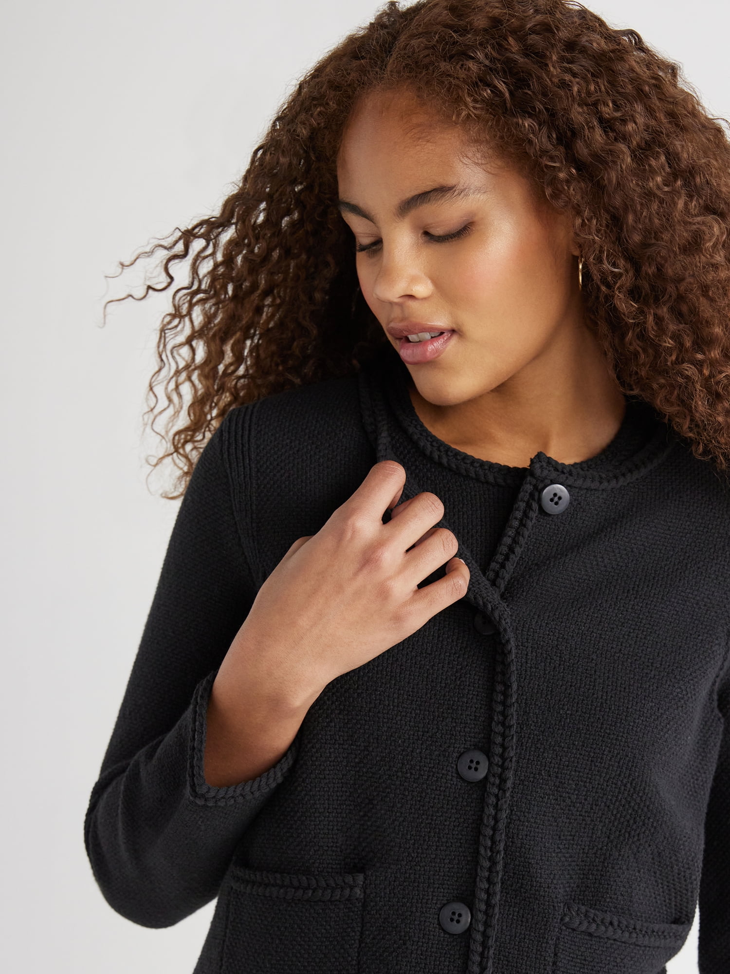 Free Assembly Women's Crochet Trim Cardigan Sweater with Long Sleeves, Midweight, Sizes XS-XXL