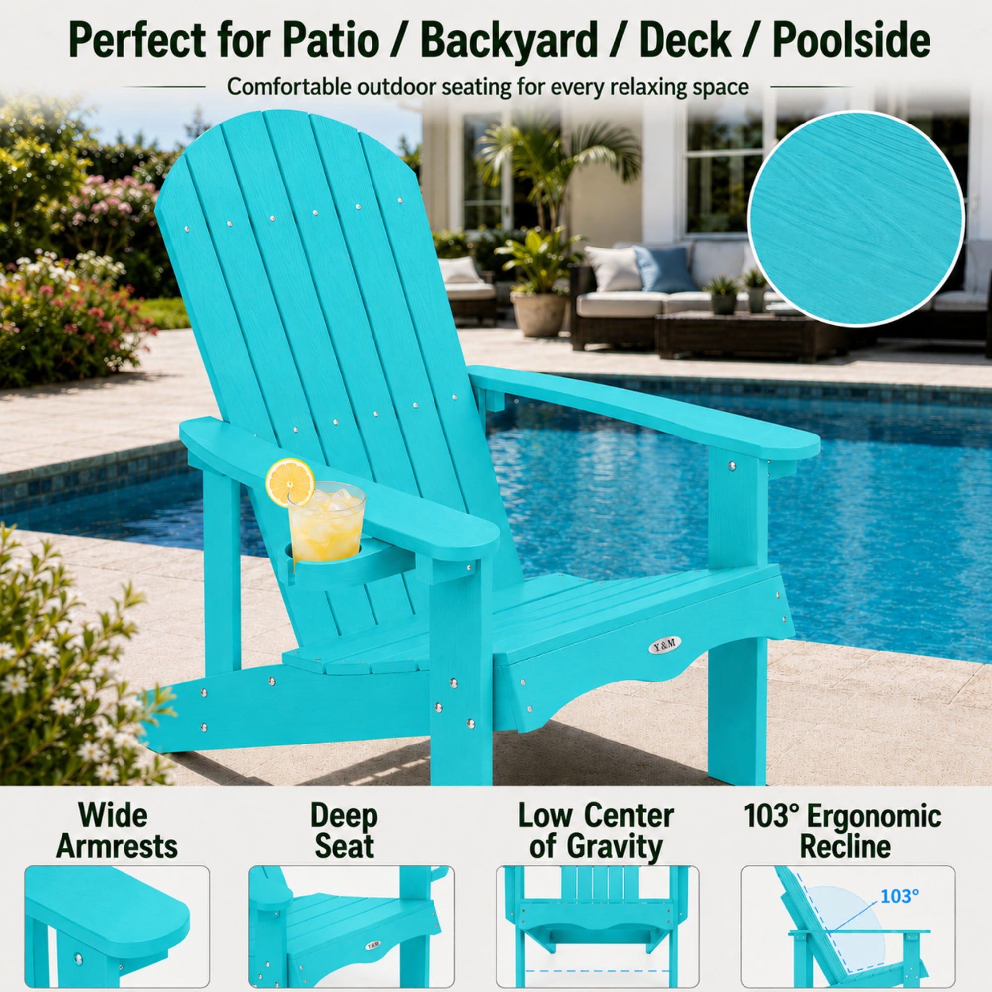 Y&M Adirondack Chair, HDPE Weather Resistant Outdoor Chair with Cup Holder, Aruba Blue