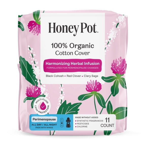 Honey Pot 100% Organic Cotton Cover Peri-menopause All Day and Night Pad, 11 Count