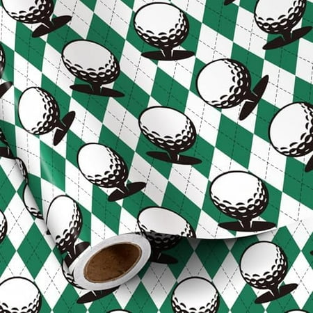 Golf Wrapping Paper Roll for Men Boys, Mini Roll, Classic Golf Ball and Argyle Plaid Design, Green and White Gift Wrap for Father's Day, Birthday, Sports Party, 17 Inches x 16.4 Feet