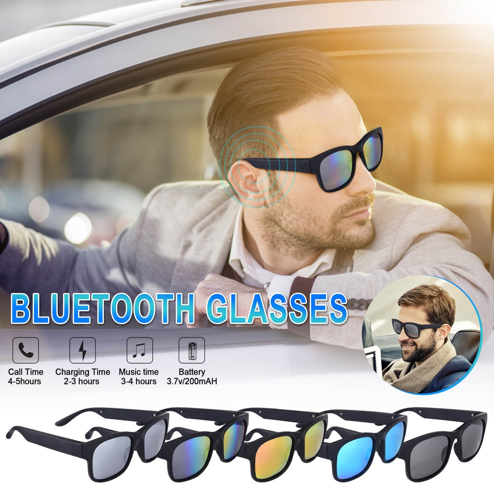 Bluetooth Bone Conduction Sunglasses – Polarized Audio Glasses, Wireless Sports Headphones, IP7 Waterproof, 4H Playtime for Running/Cycling/Driving (Sky Blue)