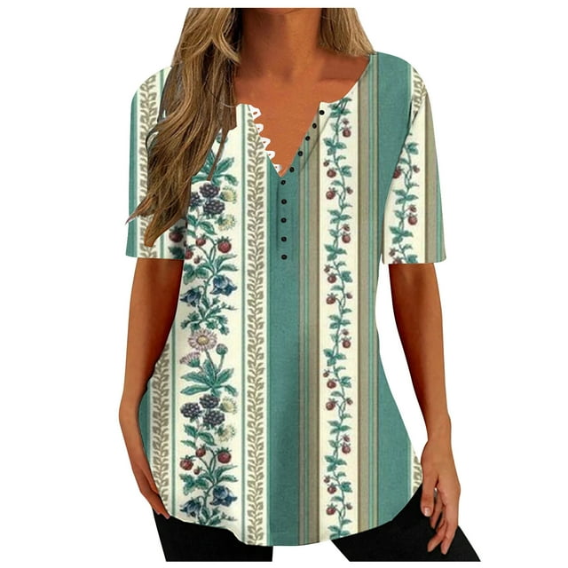 Birdeem Mode Femme Col en V Imprimé Décontracté Manches Courtes Ample Haut/chemise