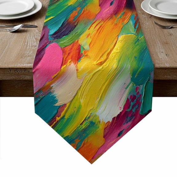 Colorful Pigment Table Runner Linen Burlap Table Runner 72 Inches Long Abstract Color Block Oil Painting Dresser Scarves for Kitchen Island Coffee Dining Room Party Wedding Holiday Decoration 16"x72"