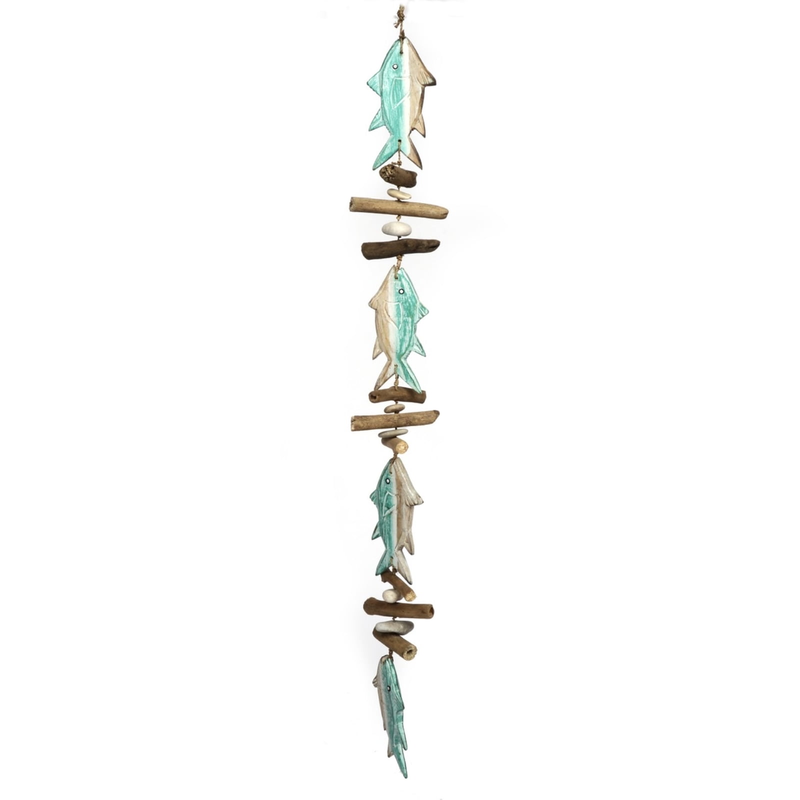 Aqua Color Tuna Fish Driftwood and Stone Hanging Strand Home Beach Decoration