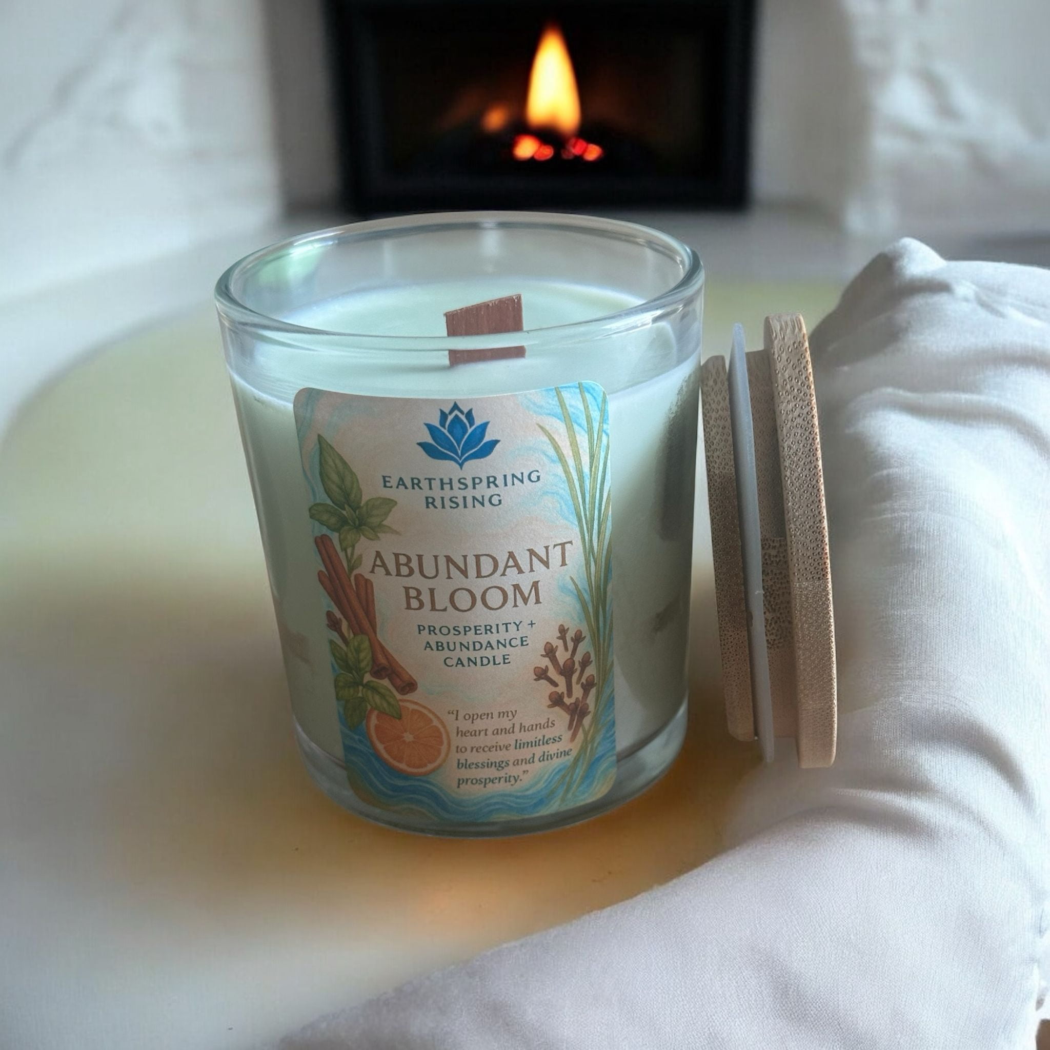 Abundance Bloom Candle – Orange, Vetiver, Basil, Clove & Money Oil | 10oz Soy Wax Wood Wick Candle with Wood Lid | 50-Hour Burn | Manifestation & Prosperity Ritual