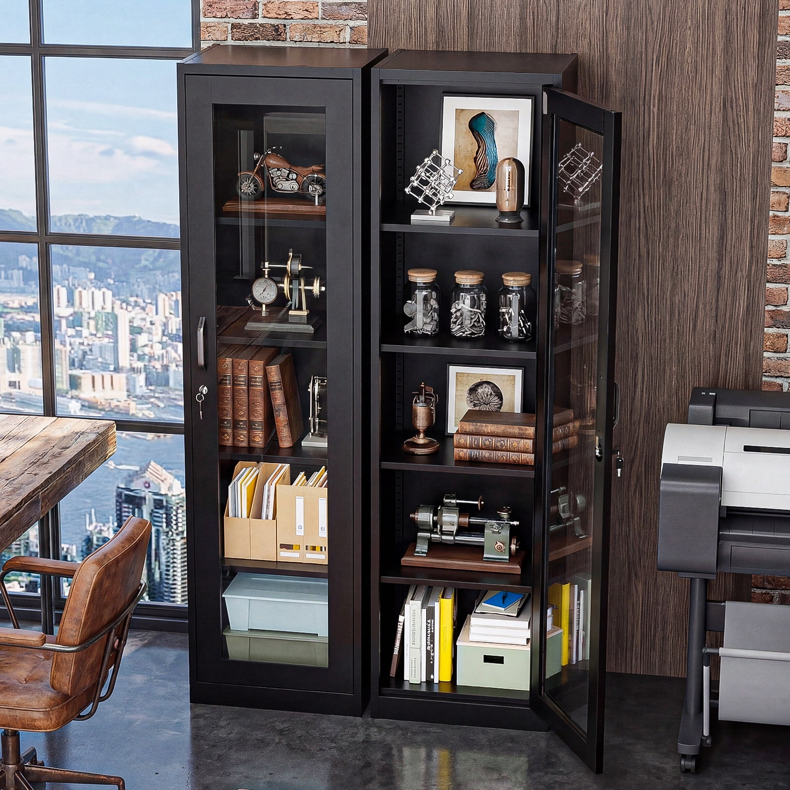 Ktaxon 65" Glass Door Steel Display Cabinet with Lock, Adjustable Shelves, Tall Narrow Storage Cupboard, LED-Ready, Black