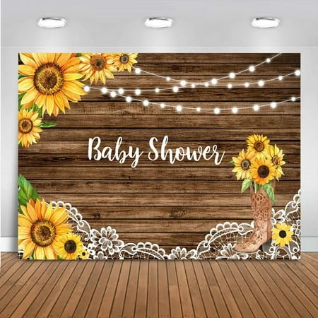 Image of Rustic Sunflower Baby Shower Backdrop You are my Sunshin Baby Shower Party Sunflower Wooden Lights Boots Background
