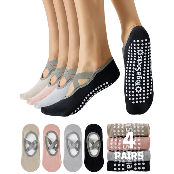 Yawlsow 4 Pairs Pilates Socks with Grip for Woman, Breathable Cross-Strap Design, Non-Slip Yoga Socks for Barre, Ballet, Workout, Hospital