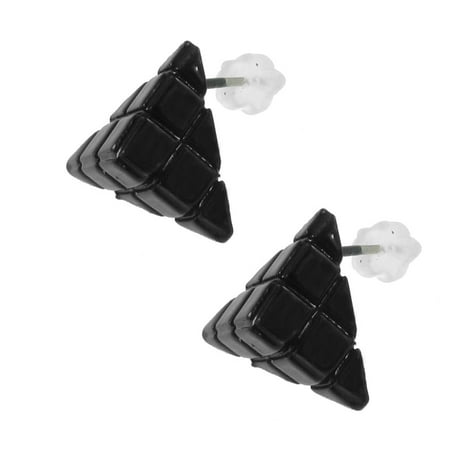 - Lady Pair Triangle Shaped Pendant Pierced Stud Earrings Black Silver Tone