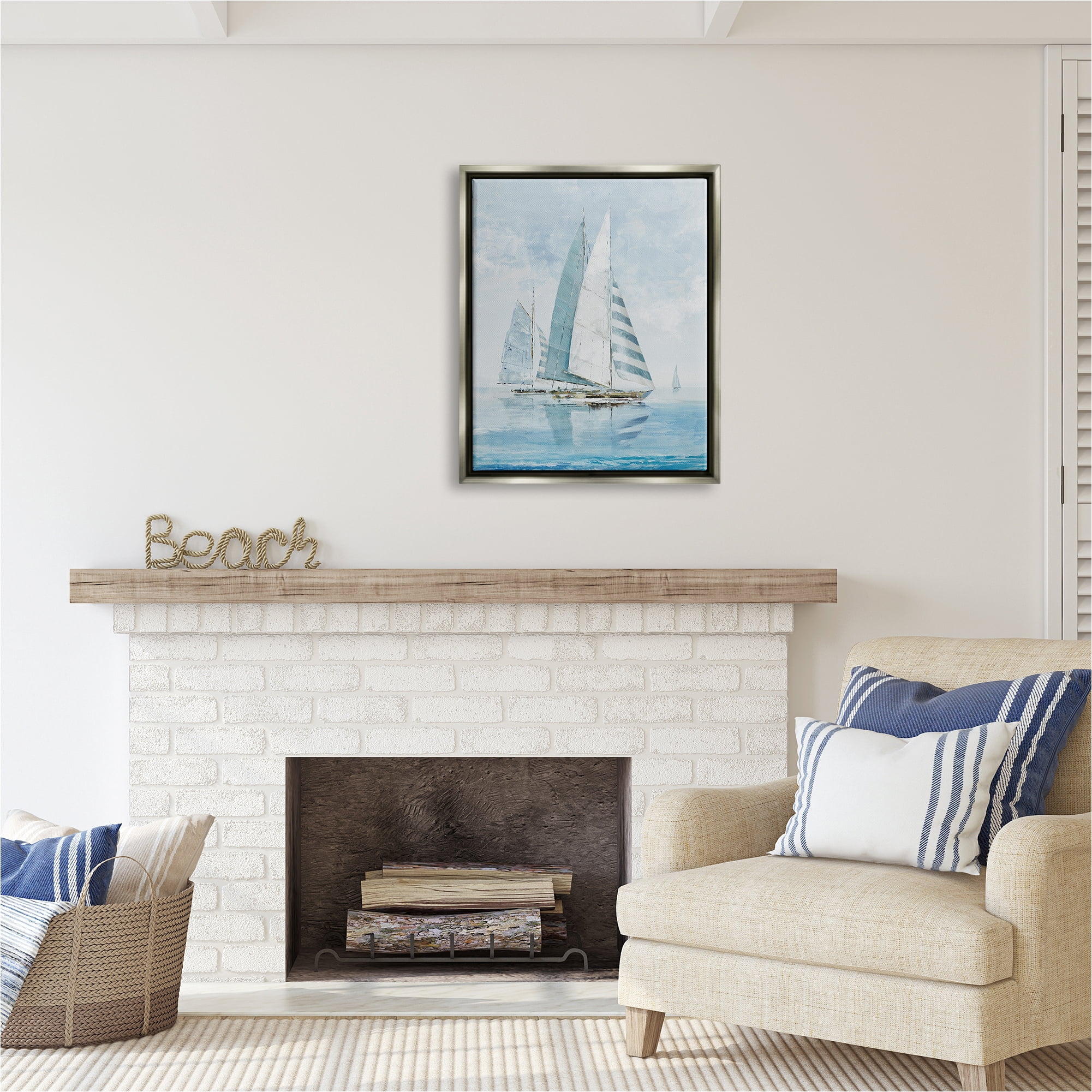 Stupell Industries Blue Maritime Sailboats Transportation Painting Gray Floater Framed Canvas Art Print Wall Art, 25 x 31