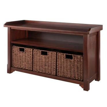 Milan Storage Bench with 3 Foldable Woven Baskets, Walnut - 4 Piece
